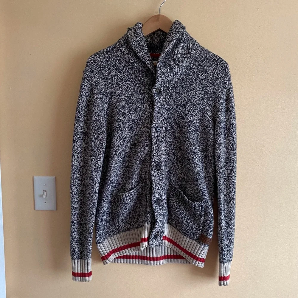 Roots Cabin Shawl Collar Cardigan Men Small Salt Pepper Cotton Pockets Preppy - Picture 2 of 15
